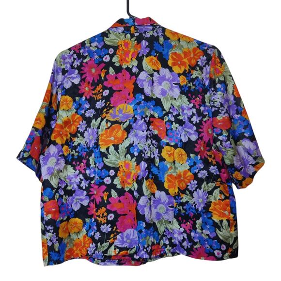 Vintage Vibrant Colorful Floral Satin Button From Short Sleeve Camp Shirt L/XL - Picture 2 of 8